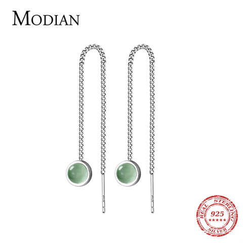 Modian Fashion Dangle Earring 925 Sterling Silver Round Green Opal Long Chain Drop Earrings for Women Authentic Silver Jewelry ► Photo 1/5