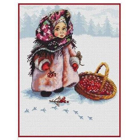 Gold Collection Lovely Counted Cross Stitch Kit Russian Winter Girl Child and Cherry Red Fruits in Snowy Day ► Photo 1/5