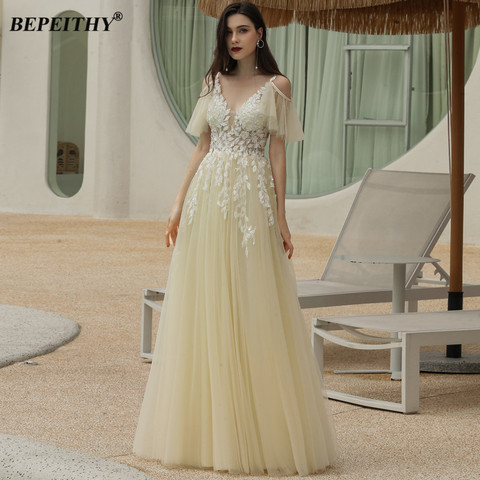 BEPEITHY A-Line Champagne Evening Dress White Lace Flower Elegant Detachable Sleeves Long Prom Gown Wedding Party For Women 2022 ► Photo 1/6