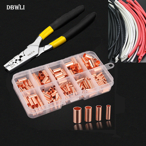 210PCS  GT Copper connecting pipe wire joint small copper tube  Terminal Cable Lug diameter 1.5-8mm  with heat shrink tube plier ► Photo 1/3