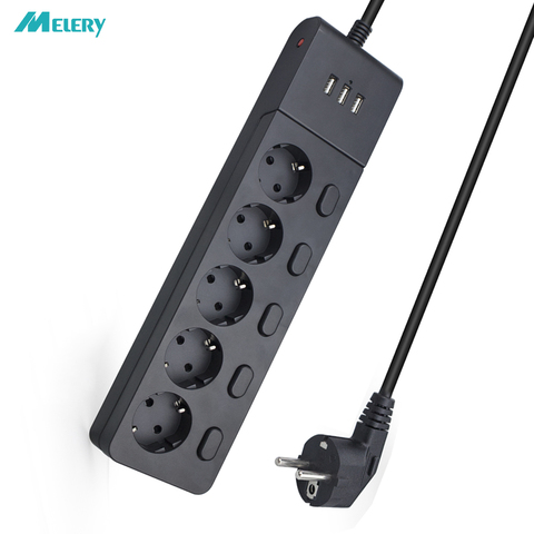 Multiple Power Strip Surge Protection Eu Plug Electrical Extension Sockets with USB 5 way Outlets Independent Control 2m Cord ► Photo 1/6