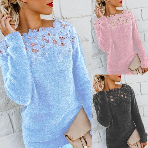 sweater Autumn and winter ladies lace stitching solid color long-sleeved sweater pullover top ► Photo 1/6
