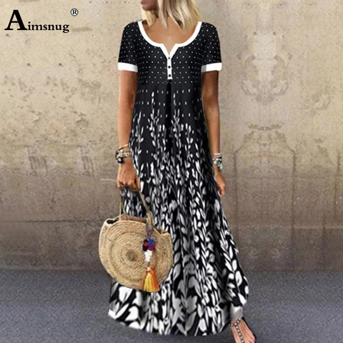 Aimsnug Women Elegant Long Dress Single-Breasted V-neck Boho Print Party Dresses 2022  Ladies Vintage Button Casual Maxi Dress ► Photo 1/6