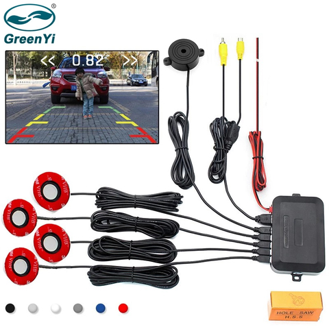 GreenYi Car Video Parking Sensor Reverse Backup Radar Detector Assistance with 16mm Adjustable Flat Sensors Support Video Input ► Photo 1/6