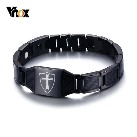 Vnox Stylish Carbon Fiber Knights Templar Shield Magnetic Bio Energy Bracelets for Men Cross Faith Therapy Male Pulseira 8.26