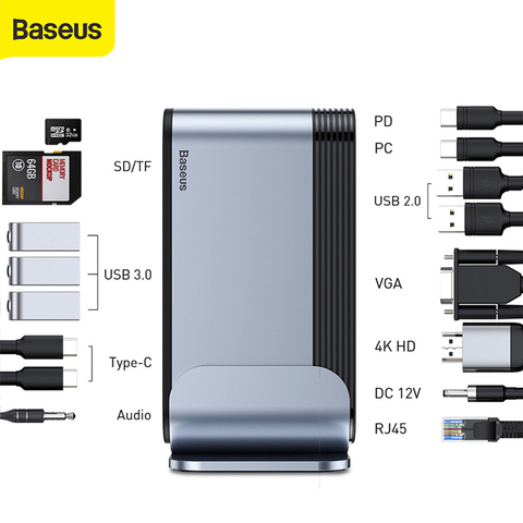 Baseus 16 Ports USB C HUB to USB 3.0 4K HDMI RJ45 VGA DC Audio Multifunctional Type C HUB Adapter Working Station for Notebook ► Photo 1/6