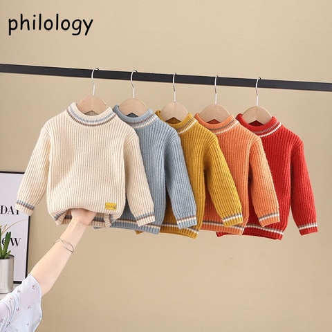 PHILOLOGY pure color fall winter boy girl kid thick crew neck shirts solid long sleeve pullover sweater ► Photo 1/6
