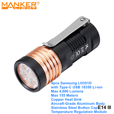 Manker E14 III 4000 Lumens Samsung LED EDC Camping Flashlights High Power Pocket Torch Light with Rechargeable USB 18350 Battery ► Photo 1/6