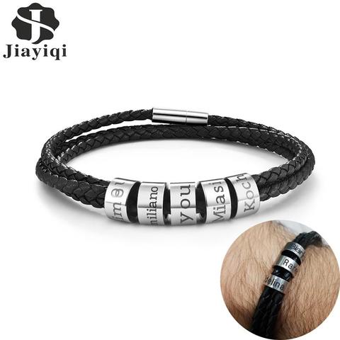 Custom Family Name Bracelet Stainless Steel Charms Bangle Braided Personalized Genuine Leather Men Bracelets  Father's Day gifts ► Photo 1/6