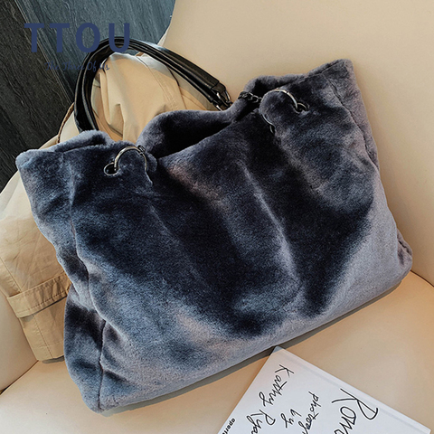 Faux Fur Women Shoulder Bag Casual Plush Lady Tote Handbag Fashion Chain Larger Capacity Shopping Bag Travel Purse Female Winter ► Photo 1/6