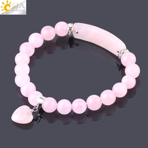 CSJA Natural Stone Pink Crystal Bracelet for Women Girls Love Heart Bracelets & Bangles Quartz Beads CZ Charms Jewelry Gift F575 ► Photo 1/6