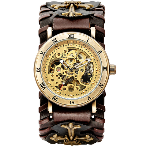 SHENHUA Retro Gothic Bronze Skeleton Automatic Mechanical Watch Men Steampunk Self Winding Clock Tourbillon Watch Reloj Hombre ► Photo 1/6