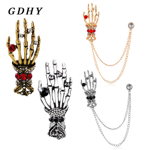 GDHY Gothic Skeleton Skull Hand Bone Brooch Chain Rhinestone  Brooches Skull Hand Badge Lapel Collar Pin for Men Spille Jewelry ► Photo 1/6