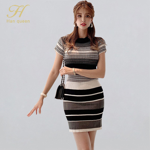 H Han Queen Elegant Stripe Office Pencil Elastic Knitted Dress Women Autumn High Waist Sheath Dresses Work Bodycon Vestidos New ► Photo 1/6