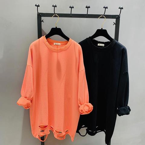 Spring and Autumn New Loose Korean-Style Long-Sleeved Mid-Length round Neckline T-shirt Cotton Hole Top Women ► Photo 1/6
