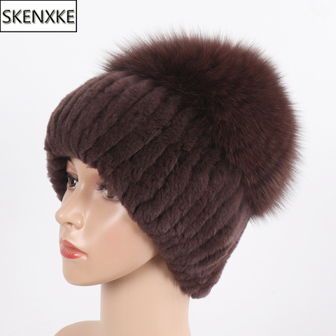 Russia Lady Winter Real Fur Hat Women Warm Knitted Genuine Rex Rabbit Fur Hat Top Natural Fox Fur Bomber Caps Rex Rabbit Fur Cap ► Photo 1/6