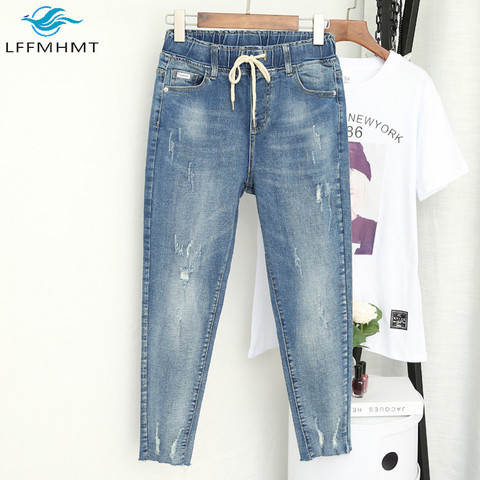 Women Summer Autumn Large Size Elastic Waist Jeans Korea Style Ripped Pants Female 100KG Oversize Loose Harem Trousers Cloth ► Photo 1/5