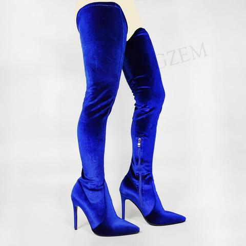 LAIGZEM SUPER Women Thigh High Boots Stretchy Velevt High Heeled Boots Thigh High Over Knee Shoes Woman Plus Size 39 42 44 45 47 ► Photo 1/6