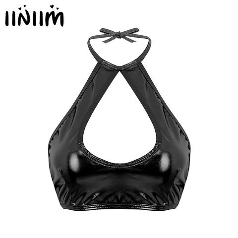 iiniim Womens Femme Tops Shiny Metallic Sleeveless Tops Cut Out Crop Tops Sexy Clubwear Pole Dance Holographic Festival Clothes ► Photo 1/6