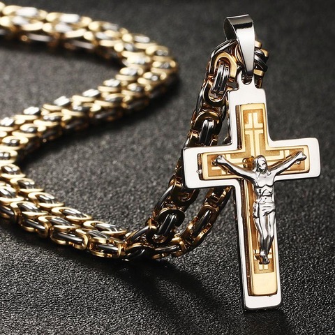 Heavy Crucifix Cross Pendant Necklace Men Gold Stainless Steel Male Punk Necklaces Byzantine Chain Men Necklaces Jewelry Gifts ► Photo 1/6