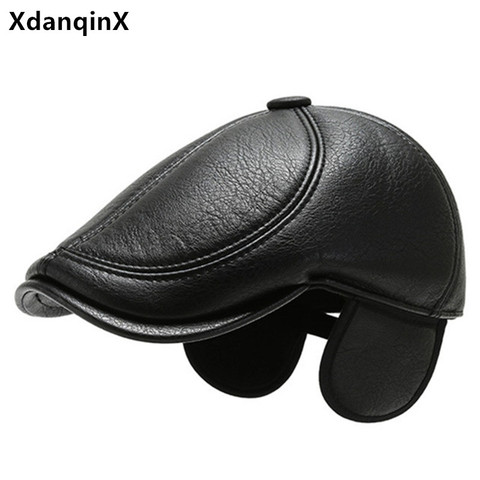 XdanqinX Winter Faux Leather Hat Men Warm Berets Thick Earmuffs Hat Middle-aged Men's PU Leather Cap Adjustable Size Tongue Caps ► Photo 1/6