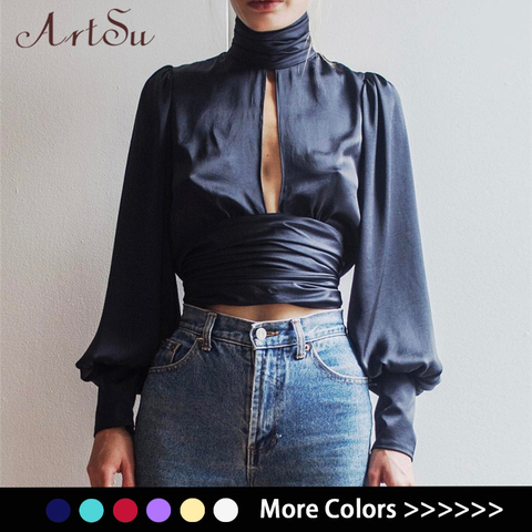 ArtSu Women Sexy Lace Up Bow Satin Blouse Turtleneck Shirt Backless Blouses Blusas Women Puff Sleeve Crop Top Spring ASBL30142 ► Photo 1/6