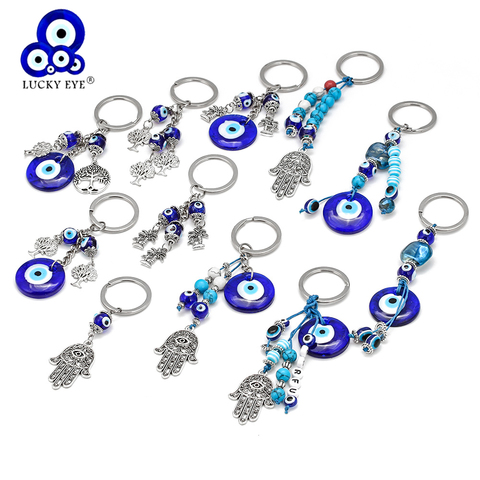 LUCKY EYE Tree Fatima Hamsa Hand Evil Eye Pendant Keychain Silver Color Ring Key Chain Car Keyring for Women Men Jewelry BE29 ► Photo 1/6