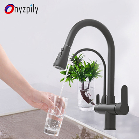 Onyzpily Matte Black Filtered Crane For Kitchen Pull Out Spray 360 Rotation Water Filter Tap Dual Water Modes Sink Kitchen Fauce ► Photo 1/6