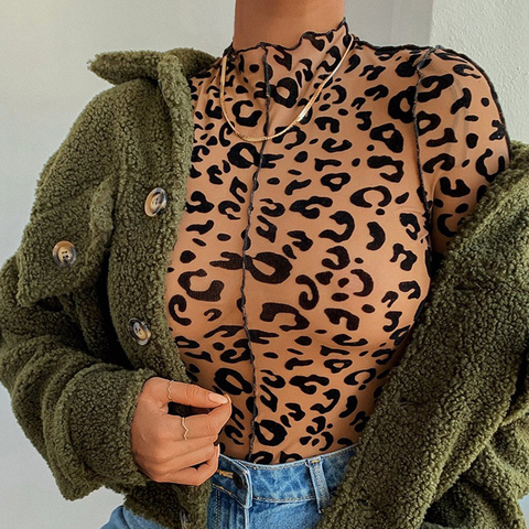 OMSJ Women New Sexy Leopard Printed Skinny Bodysuit Brown High Neck Long Sleeve Jumpsuit Clubwear Tops Basic Overalls For Ladies ► Photo 1/2