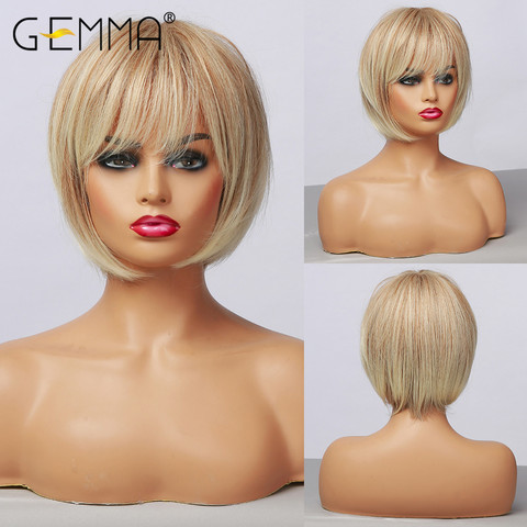 GEMMA Short Straight Mixed Brown Blonde Synthetic Wigs with Side Bangs for Women Daily Party Bob Hair High Tempearture Fiber ► Photo 1/6