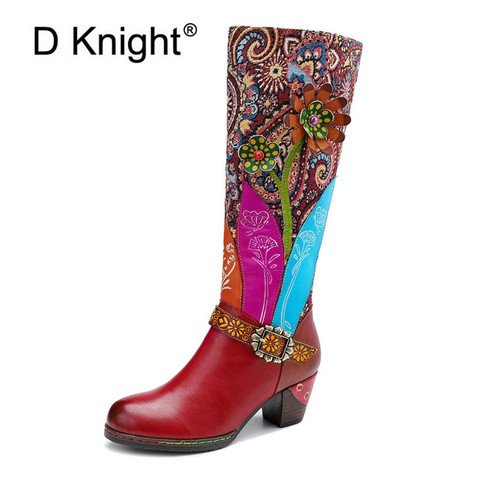 Winter New 2022 Embroidery Riding Boots Women Genuine Leather Zip High Heels Knee High Boot Vintage Long Shoes Lady Fall Size 42 ► Photo 1/6