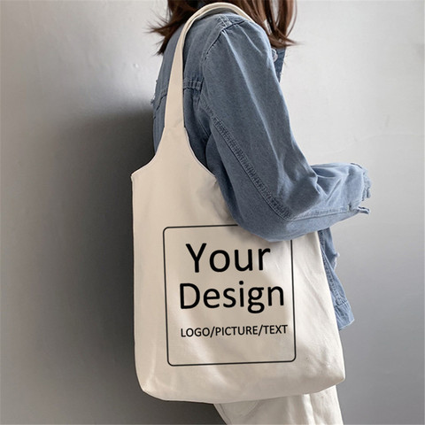 Customed Tote Bag Shopping Design Your Own Text Printed Original White Hasp Unisex Travel Canvas Bags Students Book Bag Bolsos ► Photo 1/6