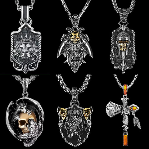 Vintage Silver Color Lion Dragon Axe Pendant Necklace Punk Domineering 3D Skull Statement Necklaces for Women Men Viking Jewelry ► Photo 1/6