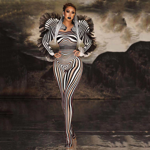 New Fashion Zebra Pattern Jumpsuit Women Singer Sexy Stage Outfit Bar DS Dance Cosplay Bodysuit Performance Show Costume ► Photo 1/6