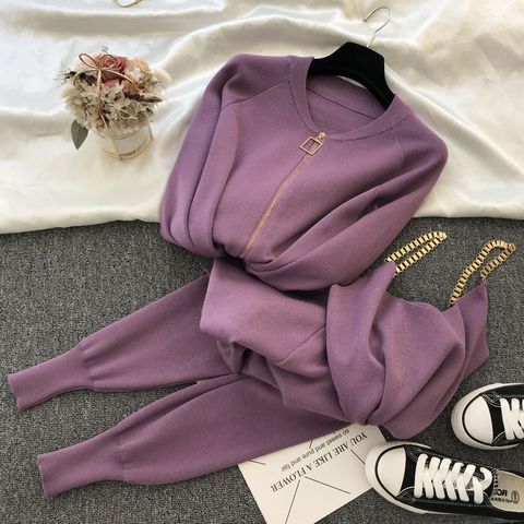 Autumn Knitted Women Sest Solid Sexy Vest Long Sleeve Zipper Cardigans Elastic Waist Pants 3pcs Sets Tracksuits Clothing Women ► Photo 1/6