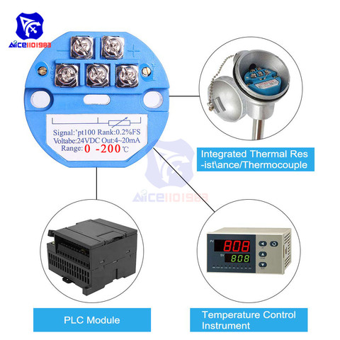 diymore PT100 Temperature Sensor Transmitter 0 -200℃ DC 24V 4-20mA Temperature Sensor for Integrated Thermal Resistance Module ► Photo 1/1