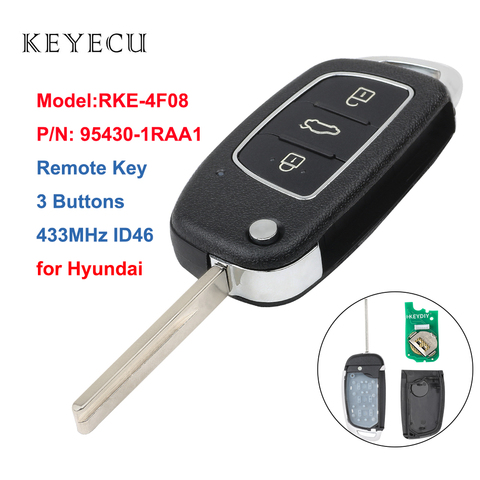 Keyecu Remote Key Fob 3 Buttons 433MHz ID46 for Hyundai Accent 2013 2004 2015, Model:RKE-4F08, P/N: 95430-1RAA1 ► Photo 1/1