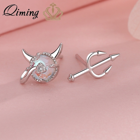 QIMING fashion Devil Stud Earrings Women Cute Simple Hipster Moonstone Asymmetric Crystal Earrings Statement Jewelry ► Photo 1/5