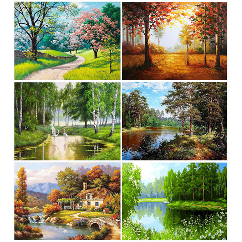 GATYZTORY DIY Painting By Numbers Landscape Tree Oil Painting Home Decor HandPainted Canvas Drawing Gift ► Photo 1/6