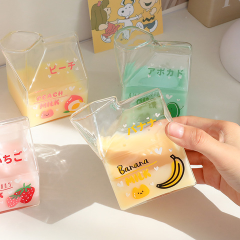 380ml Kawaii Milk Glass Cup Creative Square Clear Milk Carton Water Bottle Wholesale Cute Fruit Heat Resistant Breakfast Cups ► Photo 1/6