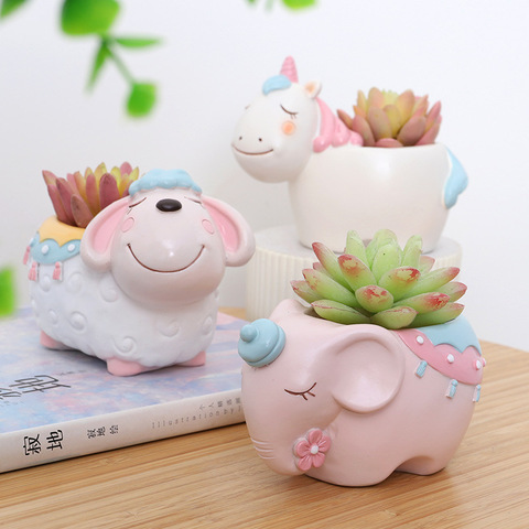 Cartoon Animal Flowerpot Unicorn Elephant Bear Ornament Desktop Succulent Plant Pot Mini Planter with Drain Hole ► Photo 1/6