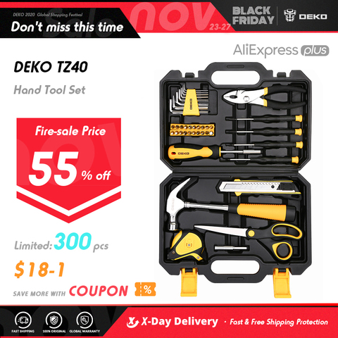 DEKO 40-Piece Hand Tool Set General Household Hand Tool Kit and Plastic Toolbox Storage Case Hammer Plier Screwdriver Knife ► Photo 1/6