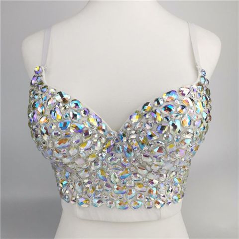 Women Sexy AB Colored Rhinestone Bustier Crop Top Spaghetti Strap Push Up Jewelry Bralette Glitter Club Party Corset Bra Vest ► Photo 1/6