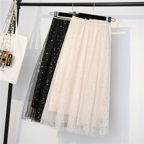 Lucyever Elegant Women Tulle Skirt Fashion Sequined Star Summer Mesh Ladies Long Skirt Elastic High Waist Party White Faldas ► Photo 1/6