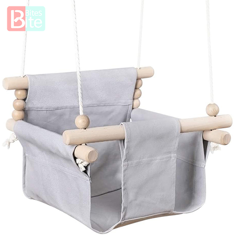 Baby Canvas Swing Chair Hanging Wood Children Kindergarten Toy Outside Indoor Small Basket Beige Swinging Rocking Chair Baby Toy ► Photo 1/6