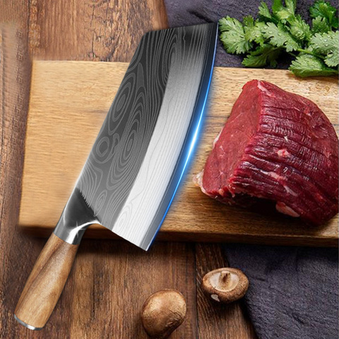 Chinese Kitchen Knife Damascus Laser Pattern Stainless Steel Butcher Knife with Wooden Handle Butcher Knife ► Photo 1/6