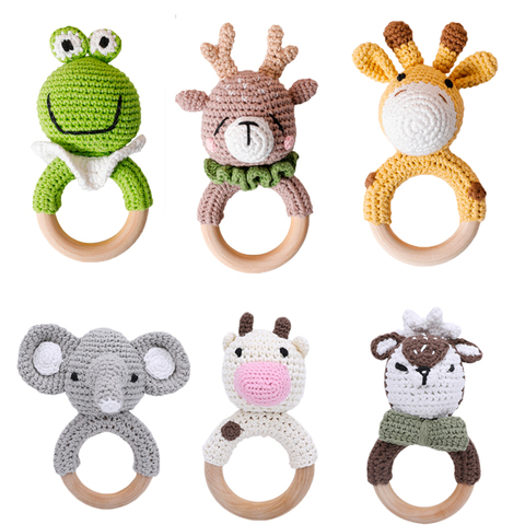 1PC Baby Rattle Toys Cartton Animal Crochet Wooden Rings Rattle DIY Crafts Teething Rattle Amigurumi For Baby Cot Hanging Toy ► Photo 1/6