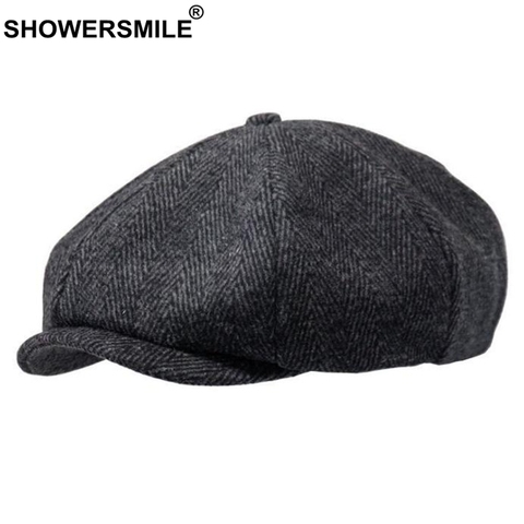 SHOWERSMILE Brand Wool Newsboy Caps Men Grey Herringbone Flat Caps Women Coffee British Gatsby Cap Autumn Winter Woolen Hats ► Photo 1/6