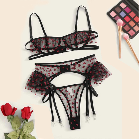 Aduloty Woman sexy pajamas Heart Print Garter Sheer Lingerie Set Mesh Cupless Underwire Thong cute lace  Bra Set ► Photo 1/6