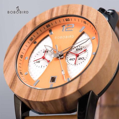 BOBOBIRD Fashion Men's Wood Watch Male Chronograph Genuine Leather Quartz Wristwatch High Quality Movement relogio masculino ► Photo 1/6